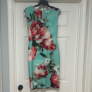 Calvin Klein Mint Floral Sheath Dress with Coral Blooms